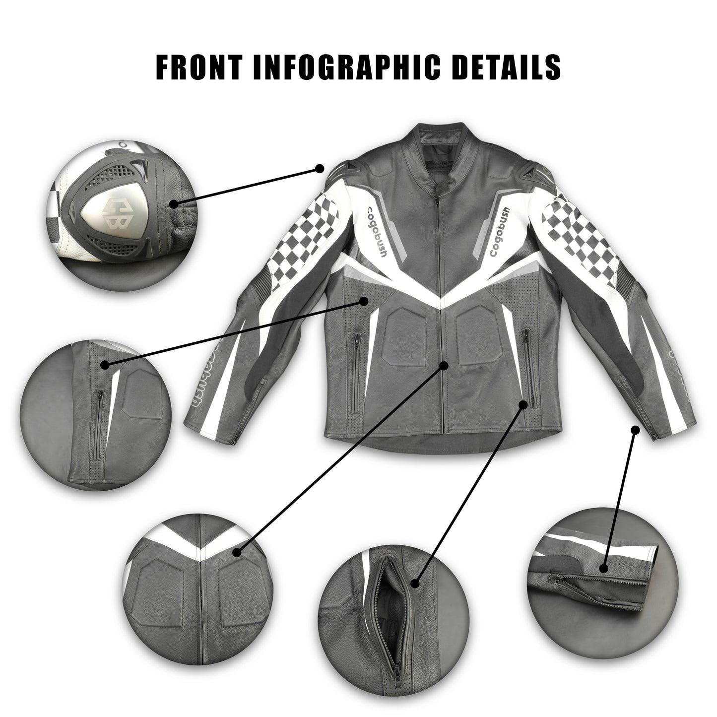 Cogobush Grey & White Checkered Racing Motorcycle Jacket with Armor Pockets #Desiderio #MotorcycleJacket #RacingJacket #RidingGear #ArmorReady #BikerStyle #ProtectiveGear #MotorcycleApparel