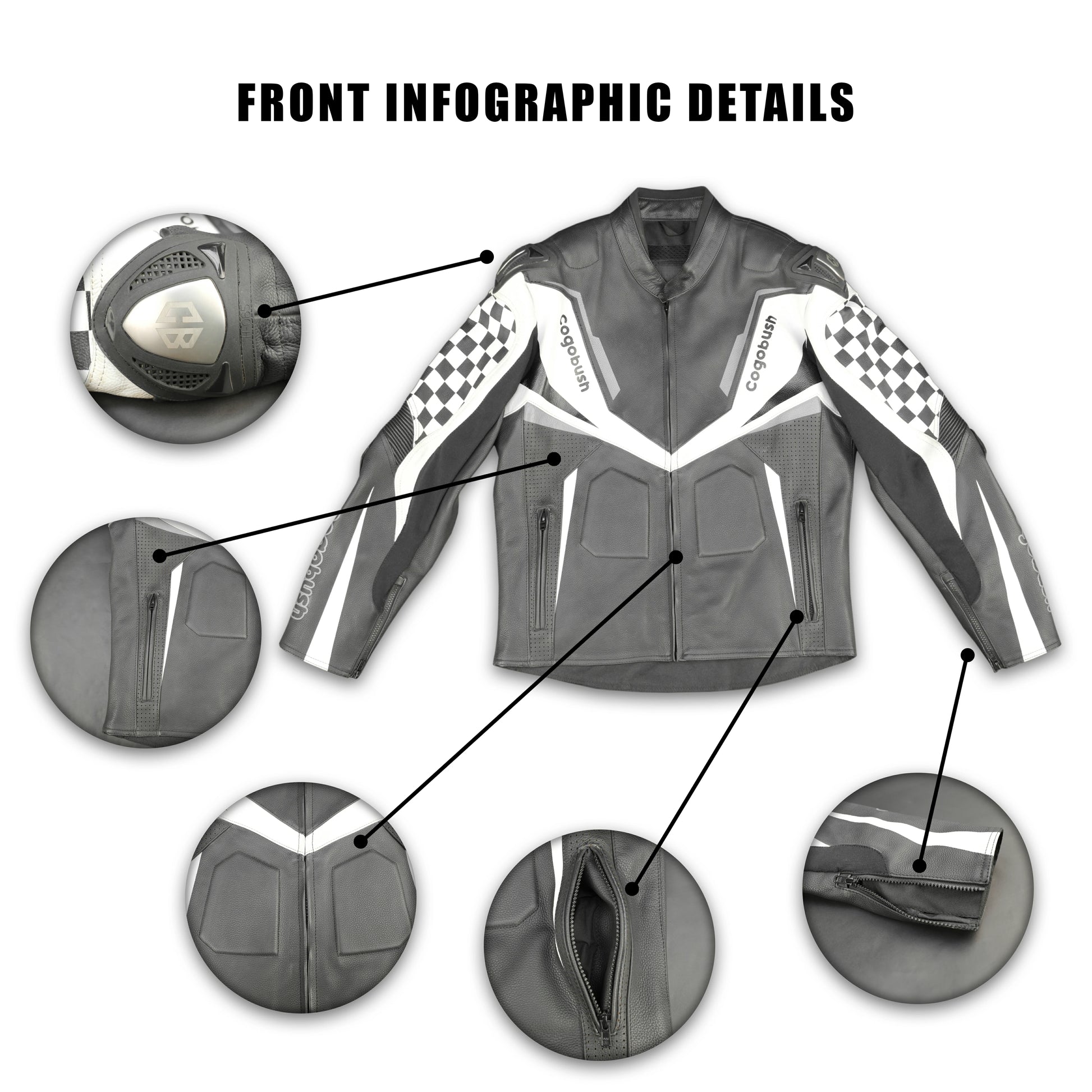 Cogobush Grey & White Checkered Racing Motorcycle Jacket with Armor Pockets #Desiderio #MotorcycleJacket #RacingJacket #RidingGear #ArmorReady #BikerStyle #ProtectiveGear #MotorcycleApparel