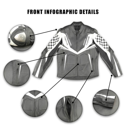 Cogobush Grey & White Checkered Racing Motorcycle Jacket with Armor Pockets #Desiderio #MotorcycleJacket #RacingJacket #RidingGear #ArmorReady #BikerStyle #ProtectiveGear #MotorcycleApparel