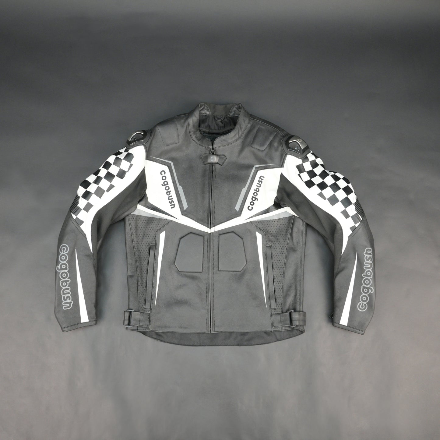 Cogobush Grey & White Checkered Racing Motorcycle Leather Jacket with Armor Pockets #Desiderio #LeatherJacket #MotorcycleJacket #RacingJacket #RidingGear #ArmorReady #BikerStyle #ProtectiveGear