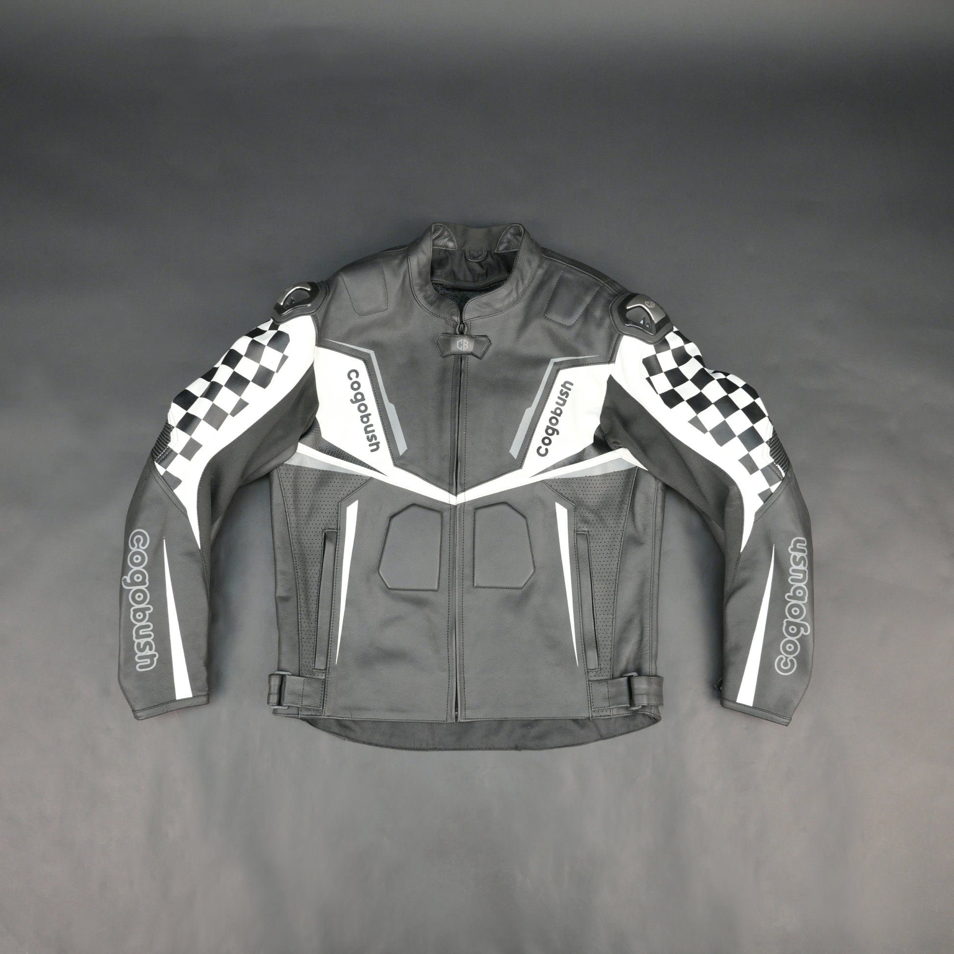 Cogobush Grey & White Checkered Racing Motorcycle Leather Jacket with Armor Pockets #Desiderio #LeatherJacket #MotorcycleJacket #RacingJacket #RidingGear #ArmorReady #BikerStyle #ProtectiveGear