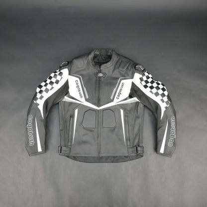 Cogobush Grey & White Checkered Racing Motorcycle Leather Jacket with Armor Pockets #Desiderio #LeatherJacket #MotorcycleJacket #RacingJacket #RidingGear #ArmorReady #BikerStyle #ProtectiveGear