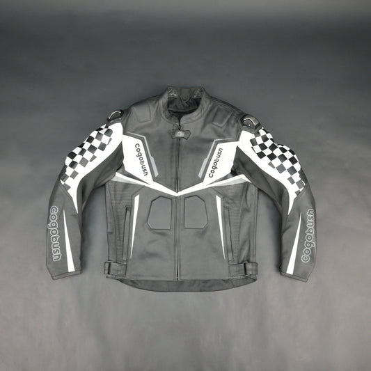 Cogobush Grey & White Checkered Racing Motorcycle Leather Jacket with Armor Pockets #Desiderio #LeatherJacket #MotorcycleJacket #RacingJacket #RidingGear #ArmorReady #BikerStyle #ProtectiveGear