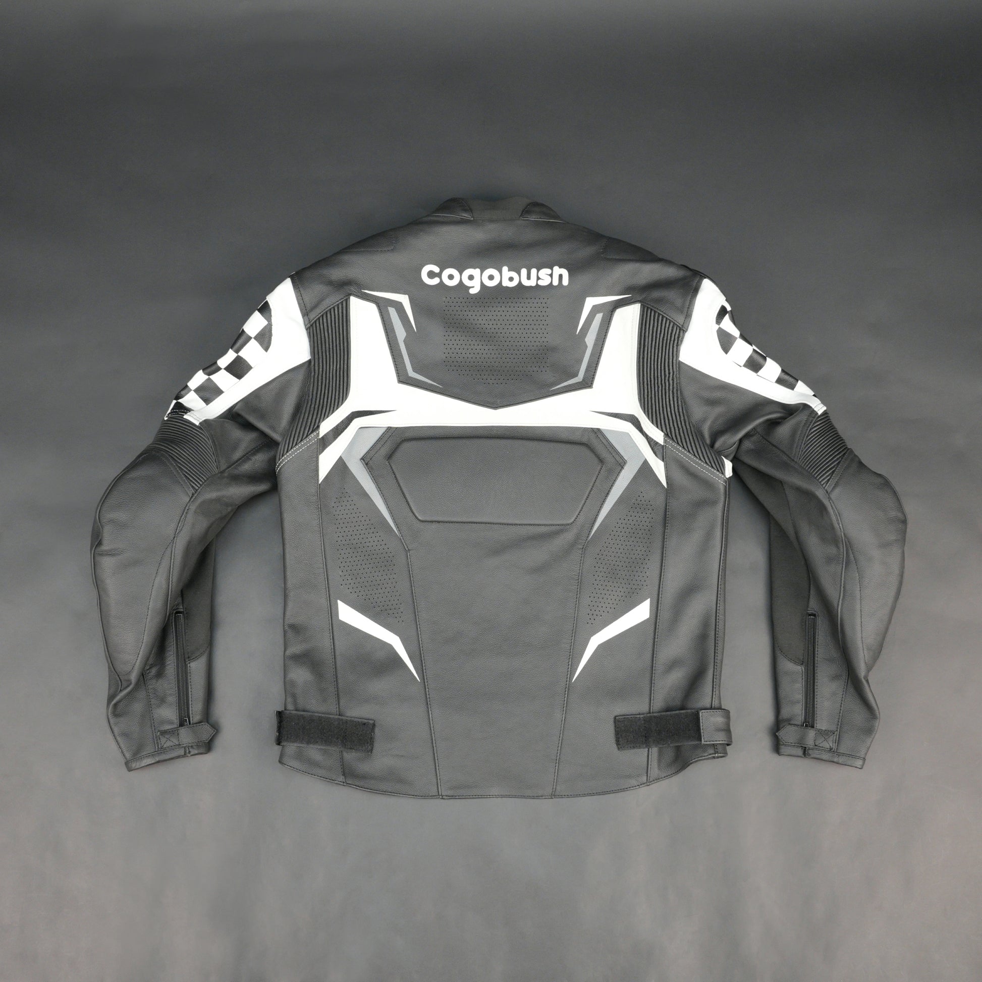 Cogobush Grey & White Checkered Racing Motorcycle Leather Jacket with Armor Pockets #Desiderio #LeatherJacket #MotorcycleJacket #RacingJacket #RidingGear #ArmorReady #BikerStyle #ProtectiveGear