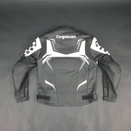 Cogobush Grey & White Checkered Racing Motorcycle Leather Jacket with Armor Pockets #Desiderio #LeatherJacket #MotorcycleJacket #RacingJacket #RidingGear #ArmorReady #BikerStyle #ProtectiveGear