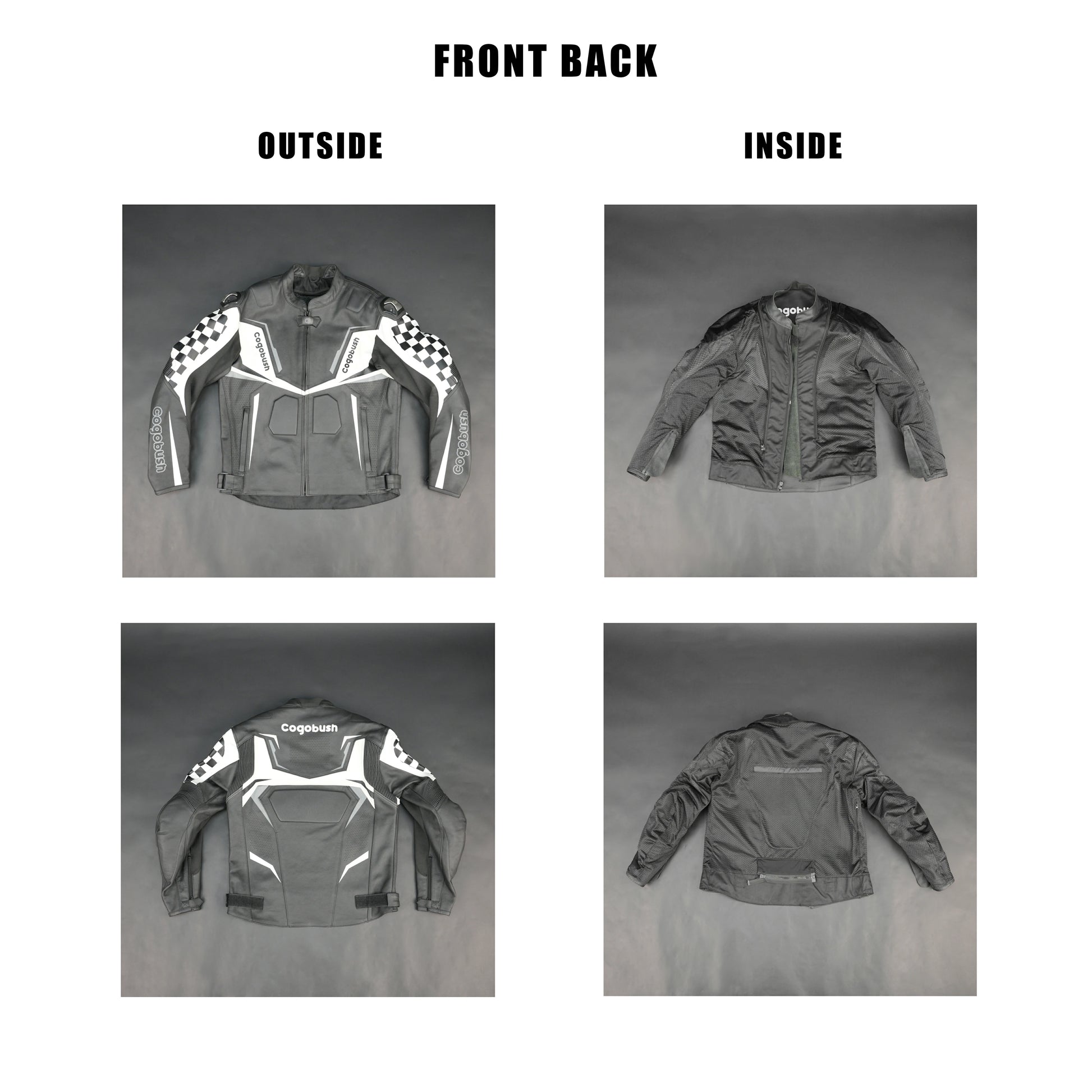 Cogobush Grey & White Checkered Racing Motorcycle Leather Jacket with Armor Pockets #Desiderio #LeatherJacket #MotorcycleJacket #RacingJacket #RidingGear #ArmorReady #BikerStyle #ProtectiveGear