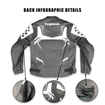 Cogobush Grey & White Checkered Racing Motorcycle Leather Jacket with Armor Pockets #Desiderio #LeatherJacket #MotorcycleJacket #RacingJacket #RidingGear #ArmorReady #BikerStyle #ProtectiveGear