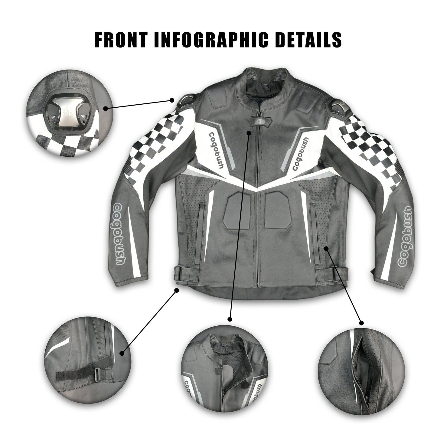 Cogobush Grey & White Checkered Racing Motorcycle Leather Jacket with Armor Pockets #Desiderio #LeatherJacket #MotorcycleJacket #RacingJacket #RidingGear #ArmorReady #BikerStyle #ProtectiveGear
