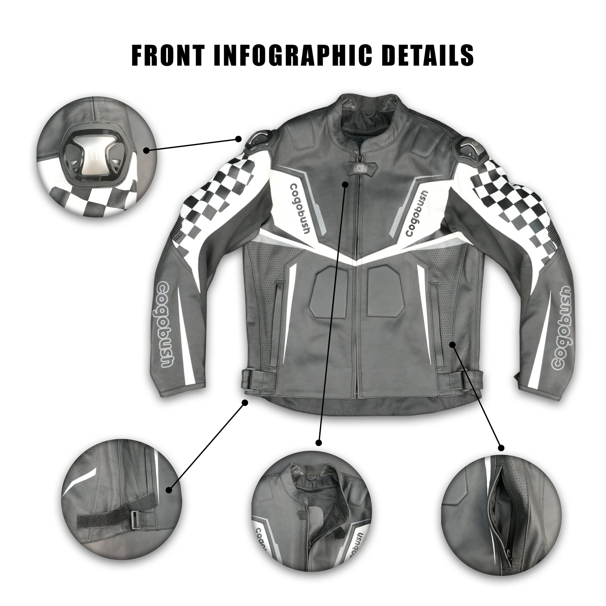 Cogobush Grey & White Checkered Racing Motorcycle Leather Jacket with Armor Pockets #Desiderio #LeatherJacket #MotorcycleJacket #RacingJacket #RidingGear #ArmorReady #BikerStyle #ProtectiveGear
