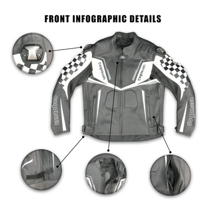 Cogobush Grey & White Checkered Racing Motorcycle Leather Jacket with Armor Pockets #Desiderio #LeatherJacket #MotorcycleJacket #RacingJacket #RidingGear #ArmorReady #BikerStyle #ProtectiveGear