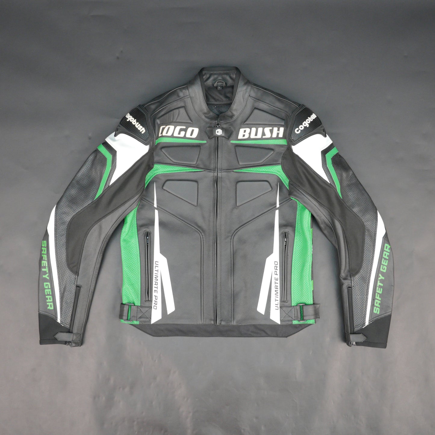 Cogobush Mens Black & Green Ultimate Pro Motorcycle Riding Jacket - Safety Gear Leather & Mesh Bike Jacket #Cogobush #MotorcycleJacket #MensRidingJacket #SafetyGear #BikerGear #Desiderio