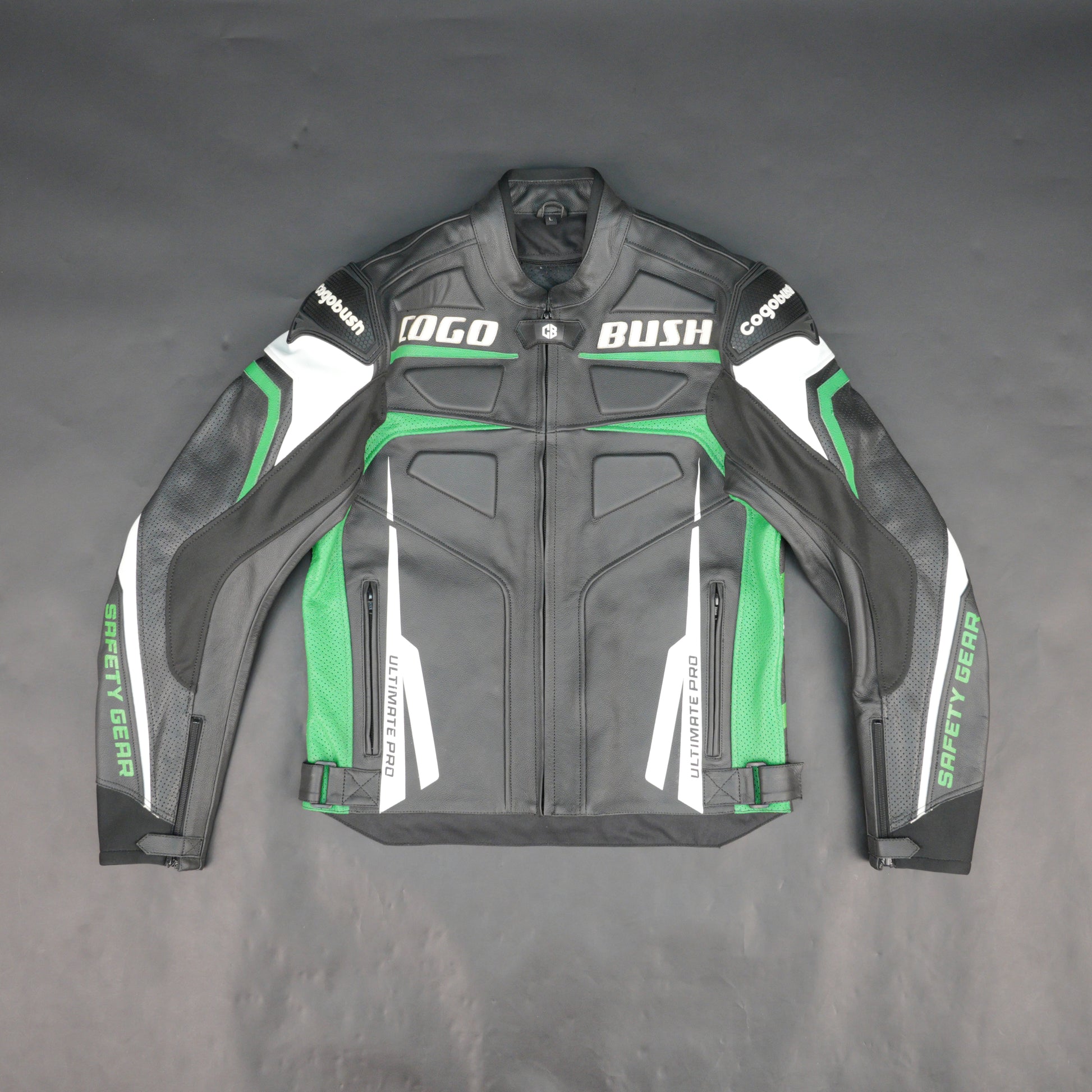 Cogobush Mens Black & Green Ultimate Pro Motorcycle Riding Jacket - Safety Gear Leather & Mesh Bike Jacket #Cogobush #MotorcycleJacket #MensRidingJacket #SafetyGear #BikerGear #Desiderio