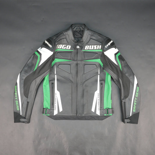Cogobush Mens Black & Green Ultimate Pro Motorcycle Riding Jacket - Safety Gear Leather & Mesh Bike Jacket #Cogobush #MotorcycleJacket #MensRidingJacket #SafetyGear #BikerGear #Desiderio