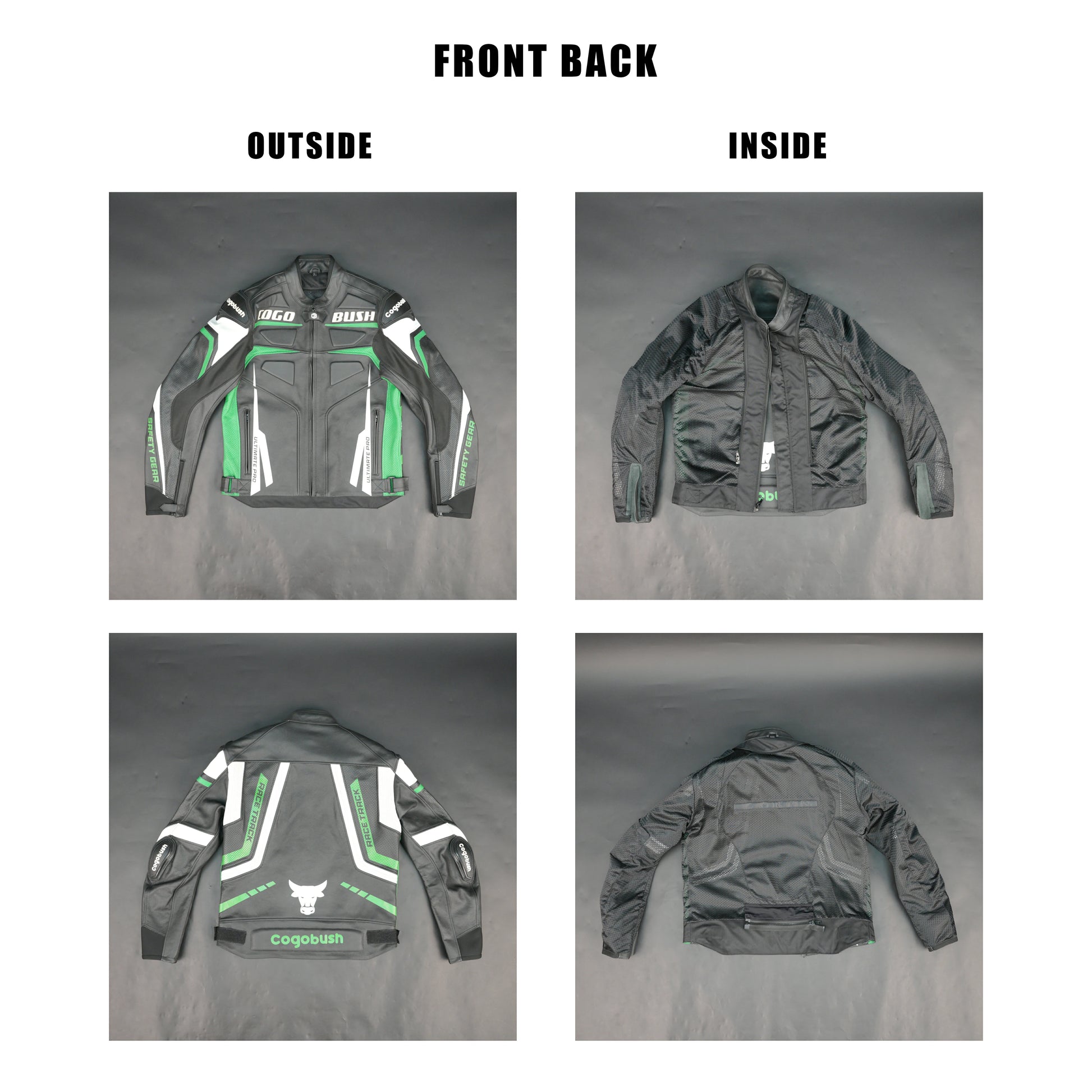 Cogobush Mens Black & Green Ultimate Pro Motorcycle Riding Jacket - Safety Gear Leather & Mesh Bike Jacket #Cogobush #MotorcycleJacket #MensRidingJacket #SafetyGear #BikerGear #Desiderio