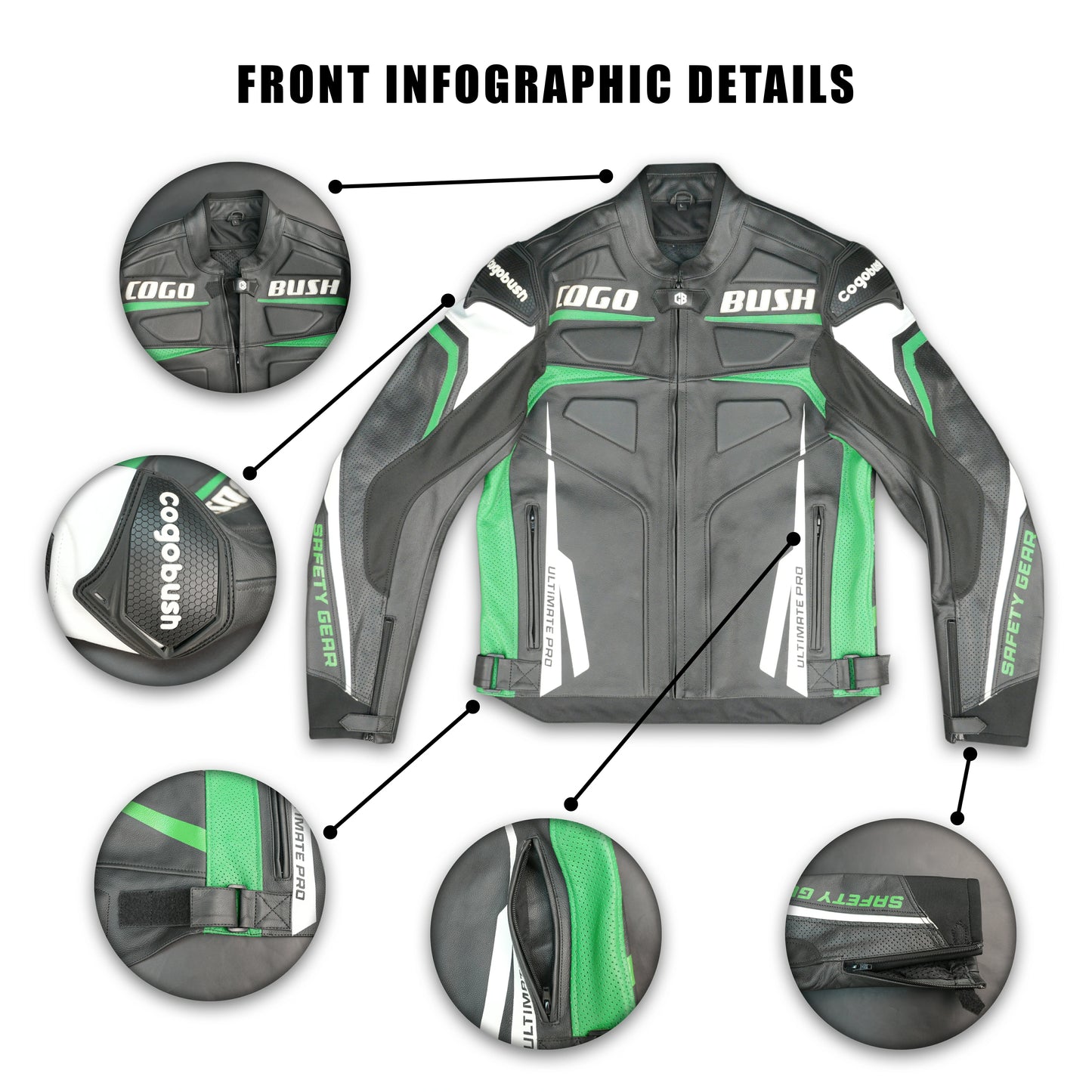Cogobush Mens Black & Green Ultimate Pro Motorcycle Riding Jacket - Safety Gear Leather & Mesh Bike Jacket #Cogobush #MotorcycleJacket #MensRidingJacket #SafetyGear #BikerGear #Desiderio