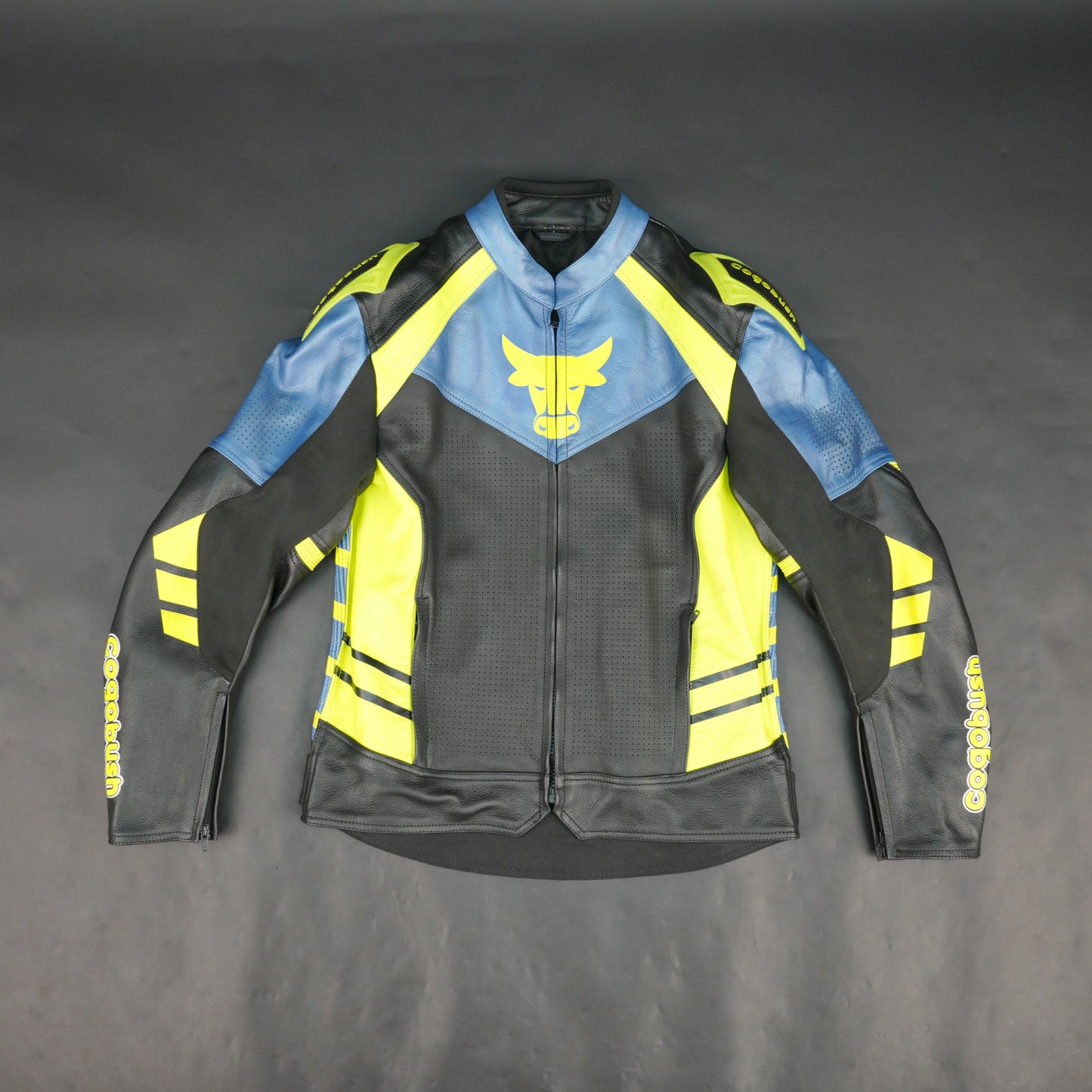 Cogobush Mens Blue Black Neon Yellow Bull Motorcycle Riding Jacket Premium Perforated Leather Bike Jacket #Desiderio #LeatherJacket #MotorcycleJacket #RidingGear #PerforatedLeather #BikerStyle #ProtectiveGear #MotorcycleApparel