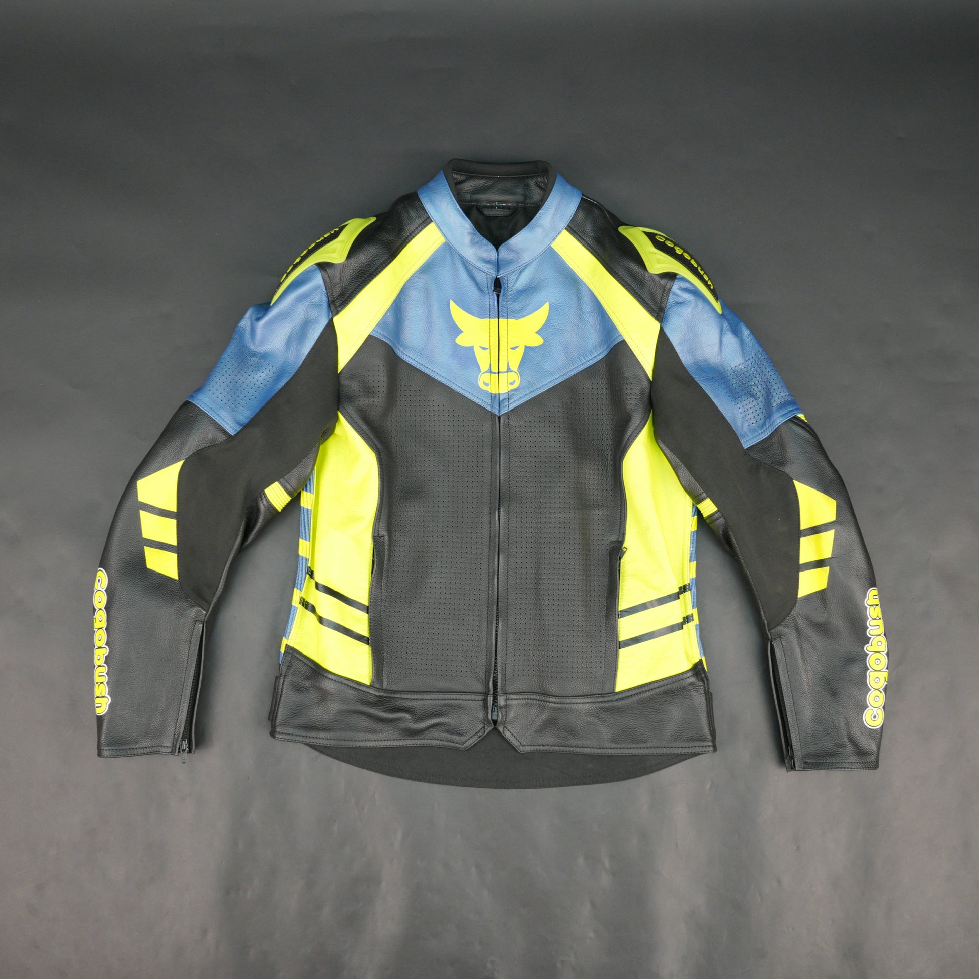 Cogobush Mens Blue Black Neon Yellow Bull Motorcycle Riding Jacket Premium Perforated Leather Bike Jacket #Desiderio #LeatherJacket #MotorcycleJacket #RidingGear #PerforatedLeather #BikerStyle #ProtectiveGear #MotorcycleApparel