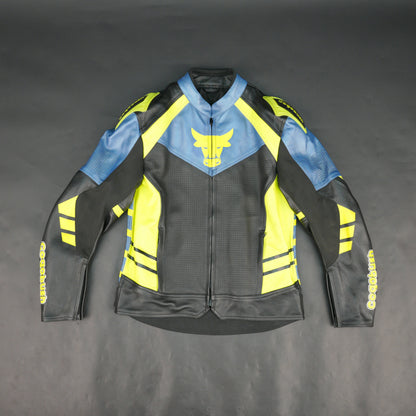 Cogobush Mens Blue Black Neon Yellow Bull Motorcycle Riding Jacket Premium Perforated Leather Bike Jacket #Desiderio #LeatherJacket #MotorcycleJacket #RidingGear #PerforatedLeather #BikerStyle #ProtectiveGear #MotorcycleApparel