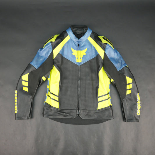 Cogobush Mens Blue Black Neon Yellow Bull Motorcycle Riding Jacket Premium Perforated Leather Bike Jacket #Desiderio #LeatherJacket #MotorcycleJacket #RidingGear #PerforatedLeather #BikerStyle #ProtectiveGear #MotorcycleApparel