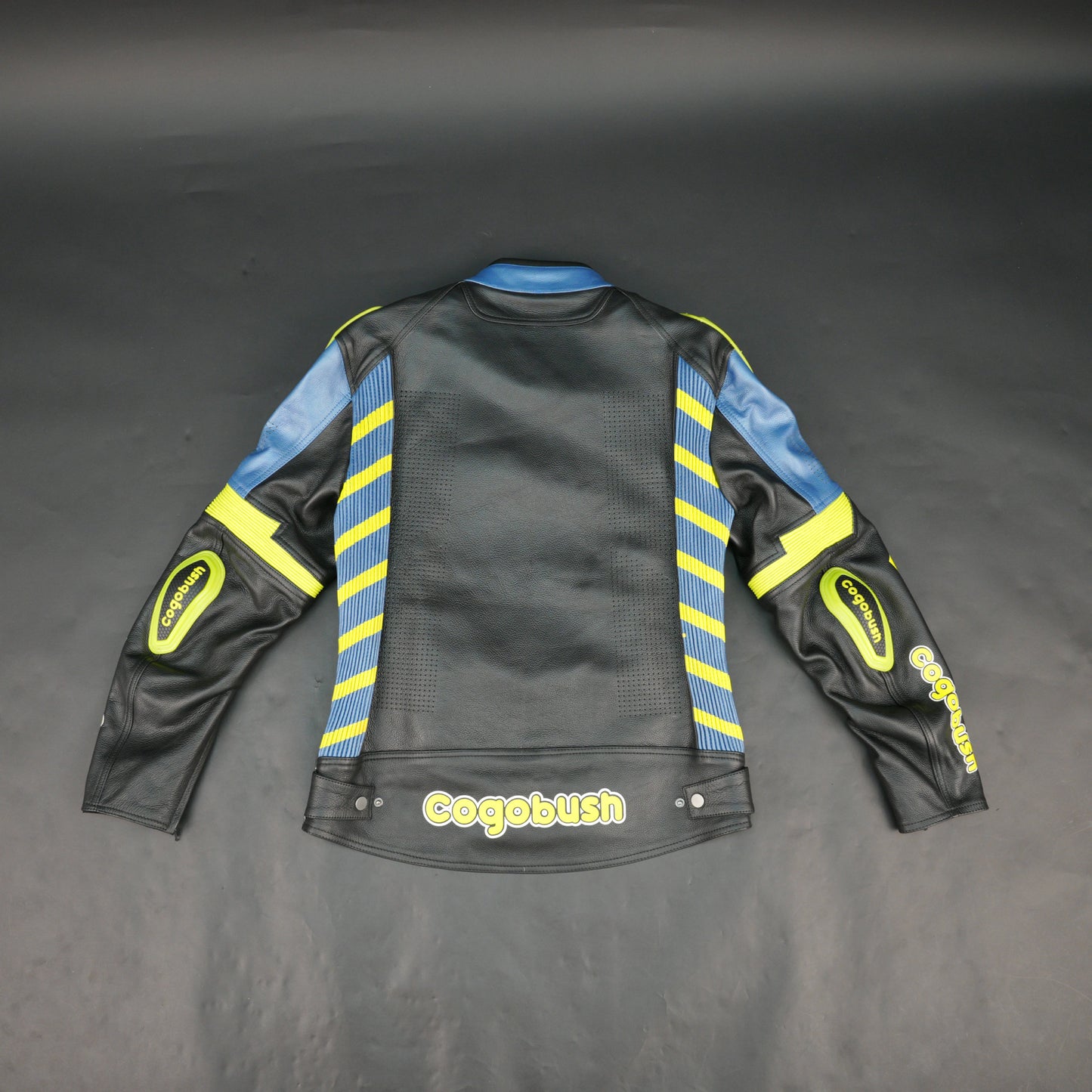 Cogobush Mens Blue Black Neon Yellow Bull Motorcycle Riding Jacket Premium Perforated Leather Bike Jacket #Desiderio #LeatherJacket #MotorcycleJacket #RidingGear #PerforatedLeather #BikerStyle #ProtectiveGear #MotorcycleApparel