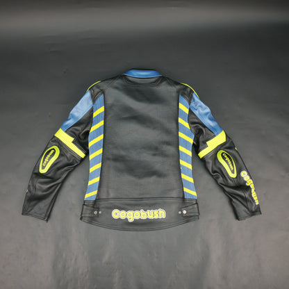 Cogobush Mens Blue Black Neon Yellow Bull Motorcycle Riding Jacket Premium Perforated Leather Bike Jacket #Desiderio #LeatherJacket #MotorcycleJacket #RidingGear #PerforatedLeather #BikerStyle #ProtectiveGear #MotorcycleApparel
