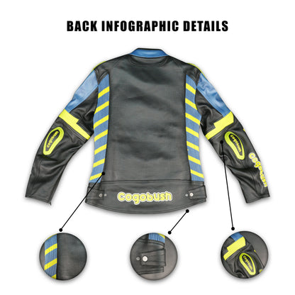 Cogobush Mens Blue Black Neon Yellow Bull Motorcycle Riding Jacket Premium Perforated Leather Bike Jacket #Desiderio #LeatherJacket #MotorcycleJacket #RidingGear #PerforatedLeather #BikerStyle #ProtectiveGear #MotorcycleApparel