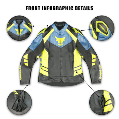 Cogobush Mens Blue Black Neon Yellow Bull Motorcycle Riding Jacket Premium Perforated Leather Bike Jacket #Desiderio #LeatherJacket #MotorcycleJacket #RidingGear #PerforatedLeather #BikerStyle #ProtectiveGear #MotorcycleApparel