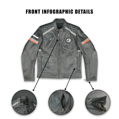 Cogobush Mens Grey Quilted Leather Motorcycle Jacket with Reflective Strips - Premium Biker Rider Jacket #Desiderio #LeatherJacket #MotorcycleJacket #BikerJacket #GenuineLeather #MotorcycleGear #MensFashion #ReflectiveGear