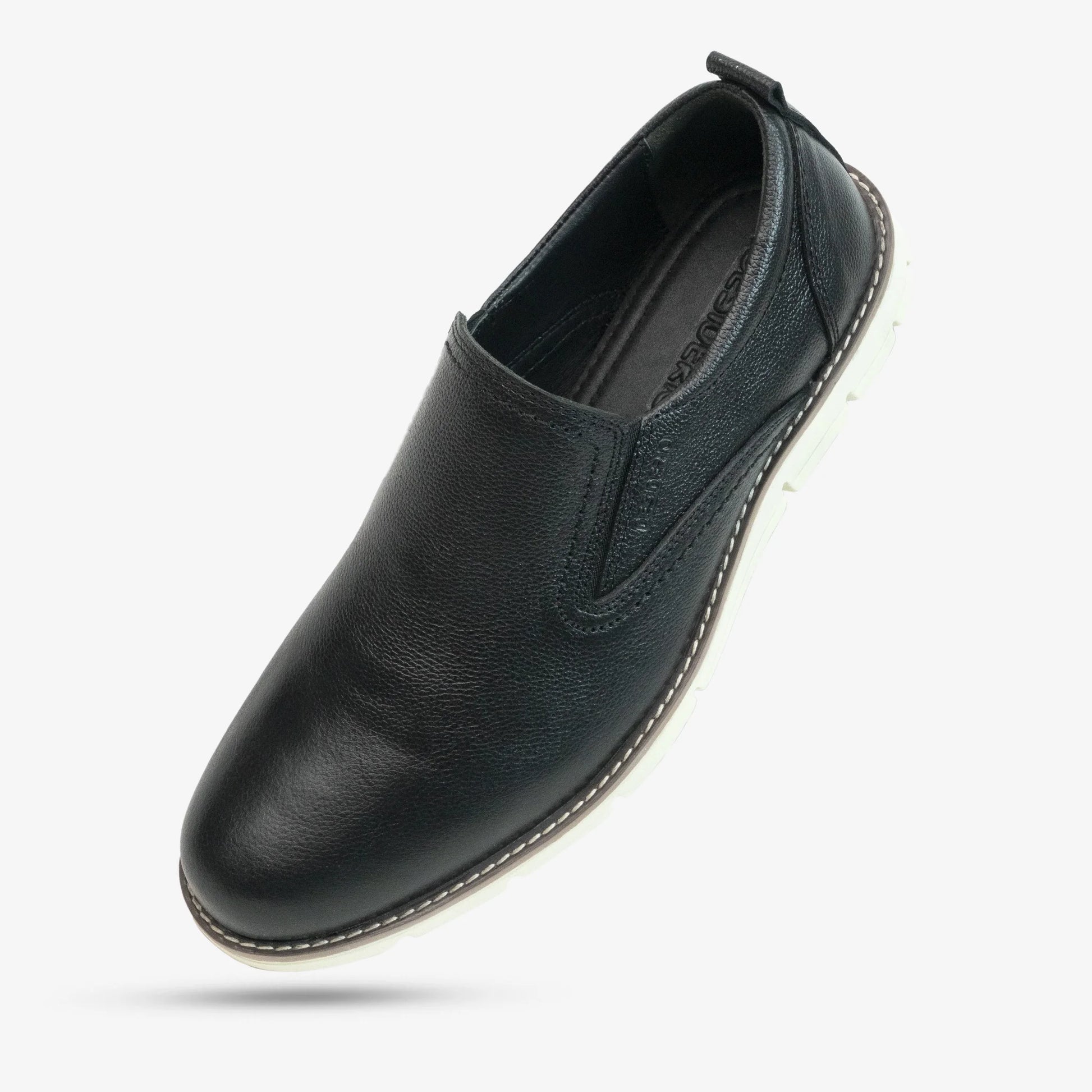 Black genuine cow leather milled loafer with soft sheep lining, cushioned Texon insole, and lightweight EVA sole