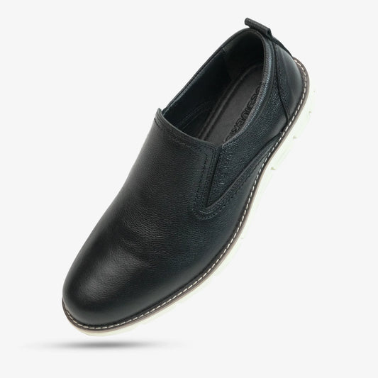 Black genuine cow leather milled loafer with soft sheep lining, cushioned Texon insole, and lightweight EVA sole