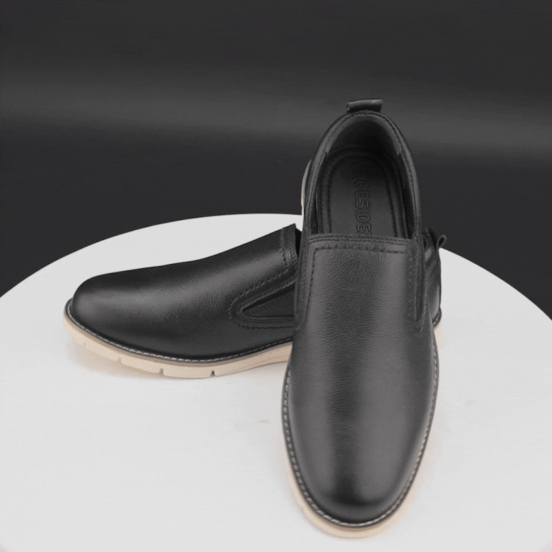 Black genuine cow leather milled loafer with soft sheep lining, cushioned Texon insole, and lightweight EVA sole