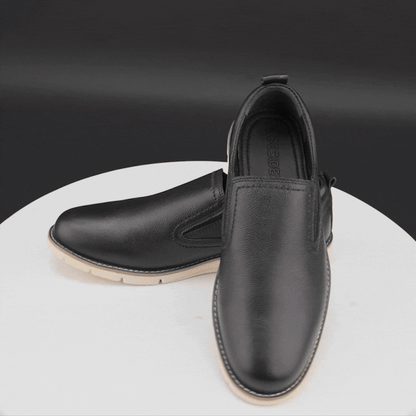Black genuine cow leather milled loafer with soft sheep lining, cushioned Texon insole, and lightweight EVA sole