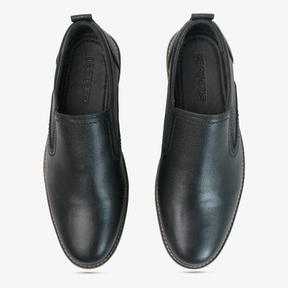 Black genuine cow leather milled loafer with soft sheep lining, cushioned Texon insole, and lightweight EVA sole