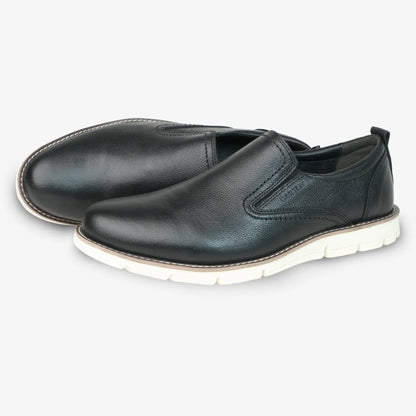 Black genuine cow leather milled loafer with soft sheep lining, cushioned Texon insole, and lightweight EVA sole