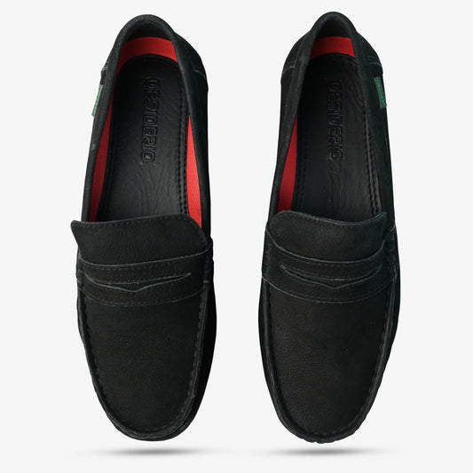 Black cow nubuck leather shoes with sheep leather lining, cushioned EVA insock, Texon insole, and TPR grip sole