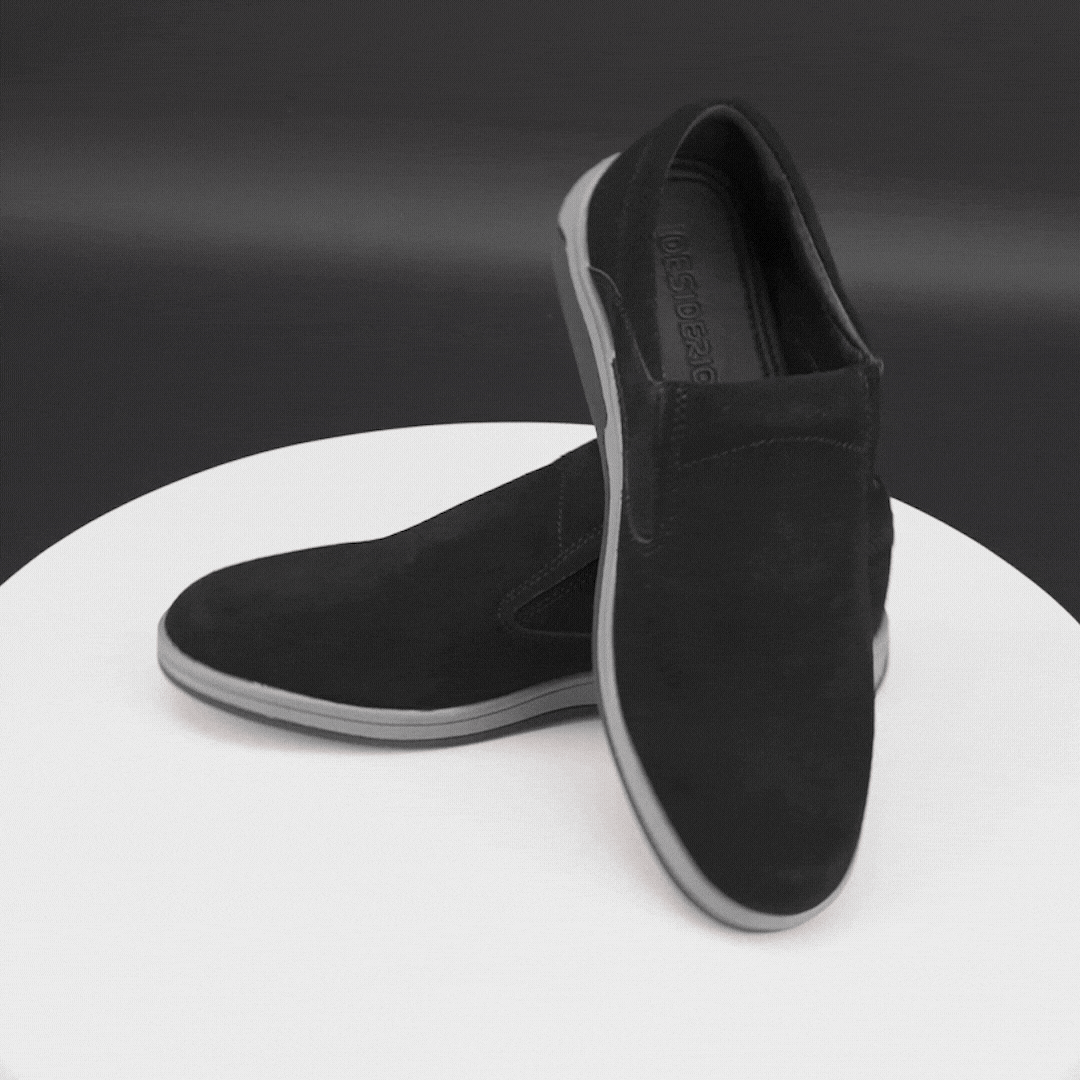 Black suede cow leather loafers, comfortable durable everyday casual and formal wear shoes.