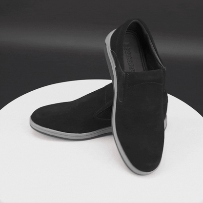 Black suede cow leather loafers, comfortable durable everyday casual and formal wear shoes.