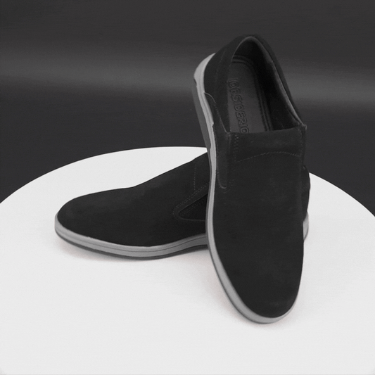 Black suede cow leather loafers, comfortable durable everyday casual and formal wear shoes.
