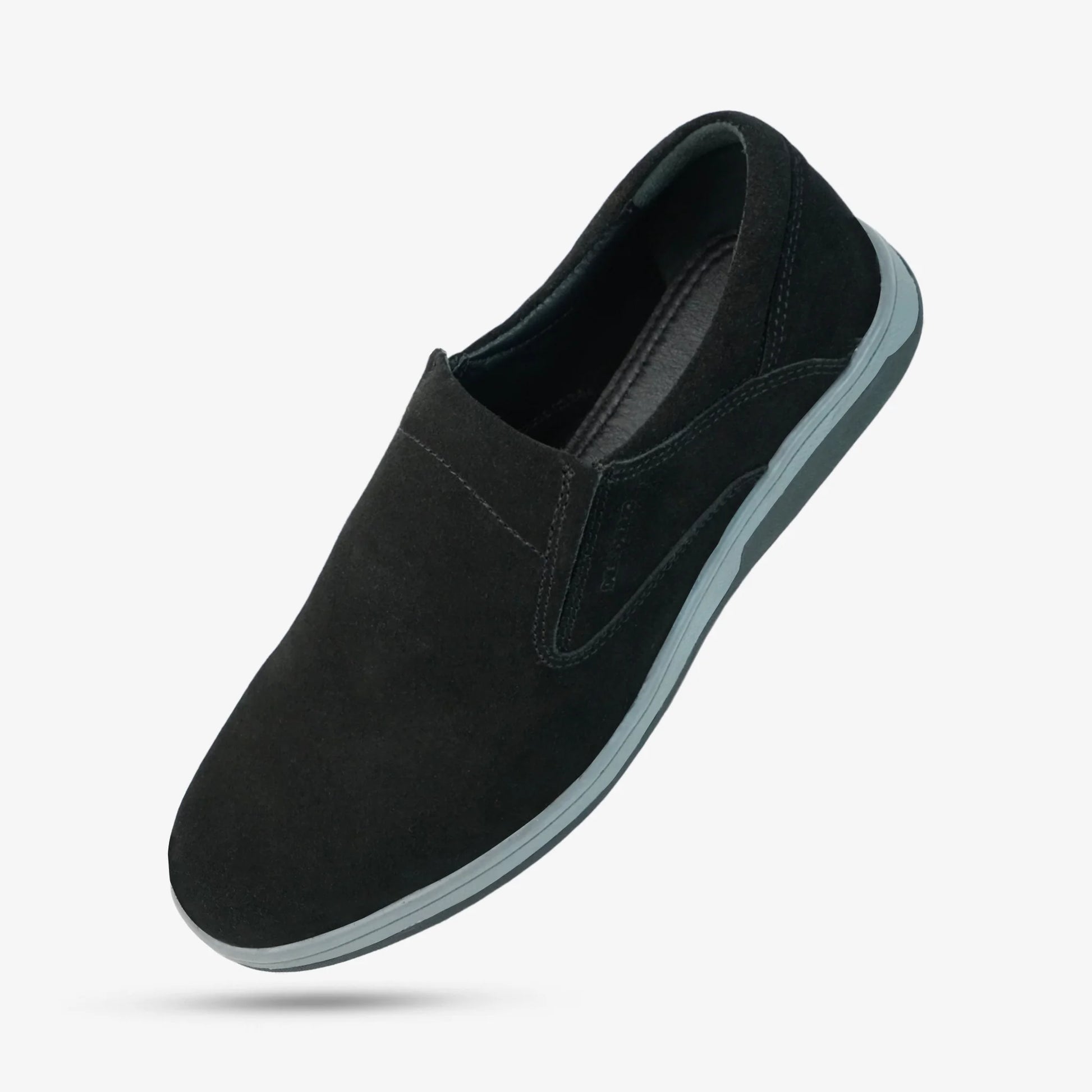 Black suede cow leather loafers, comfortable durable everyday casual and formal wear shoes.