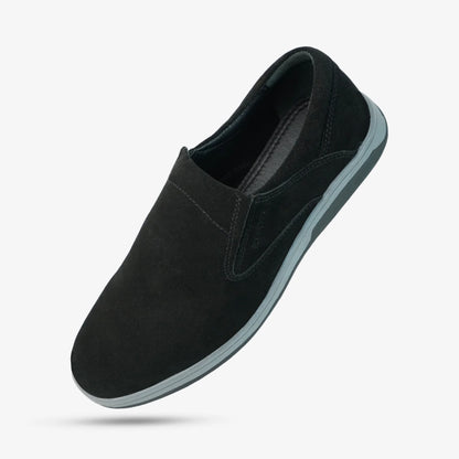 Black suede cow leather loafers, comfortable durable everyday casual and formal wear shoes.