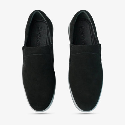 Black suede cow leather loafers, comfortable durable everyday casual and formal wear shoes.