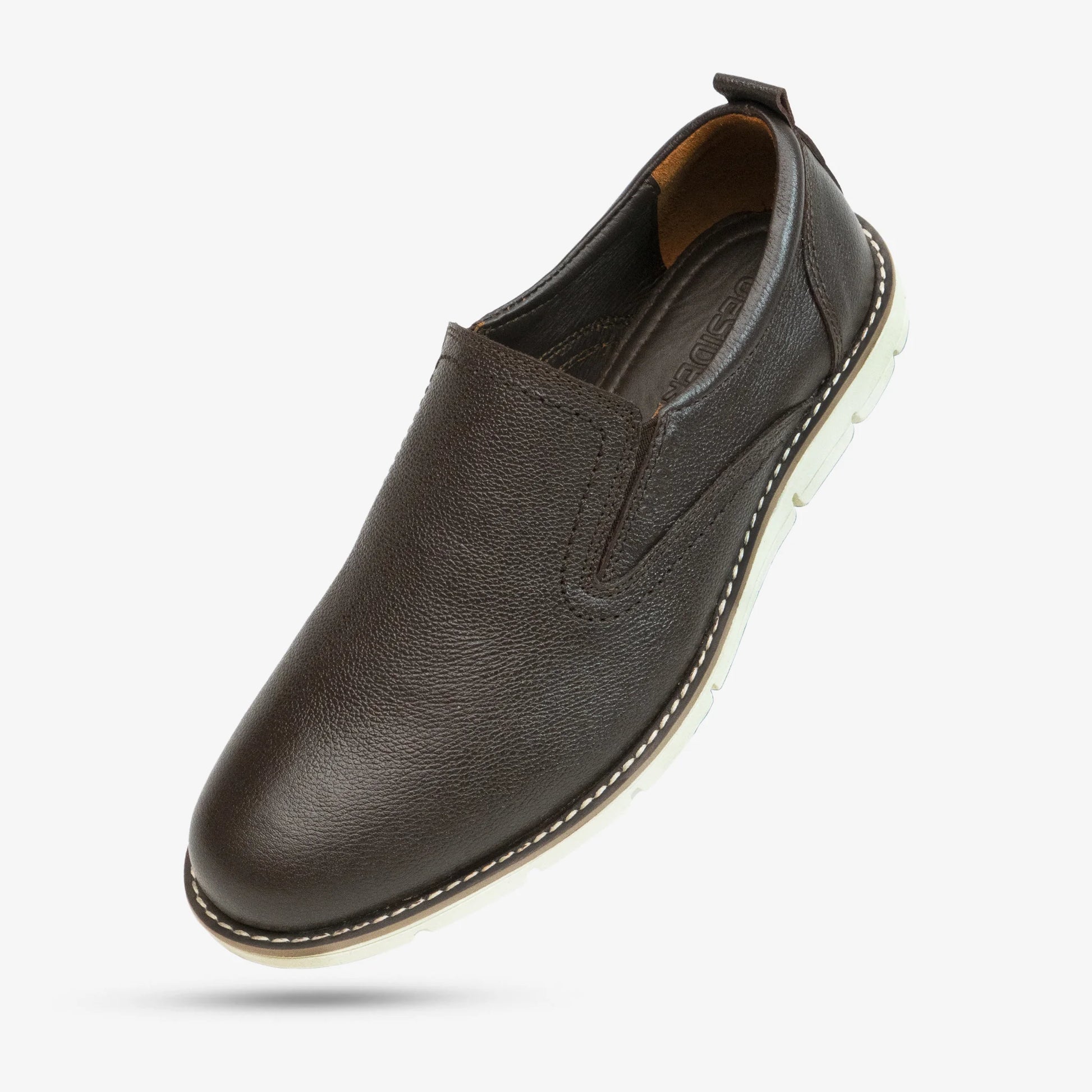 Brown genuine cow leather loafer with soft sheep lining, cushioned Texon insole, and lightweight EVA sole