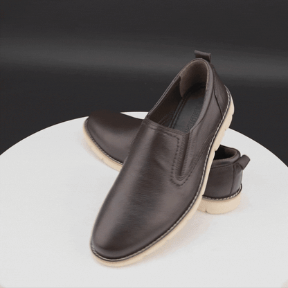 Brown genuine cow leather loafer with soft sheep lining, cushioned Texon insole, and lightweight EVA sole
