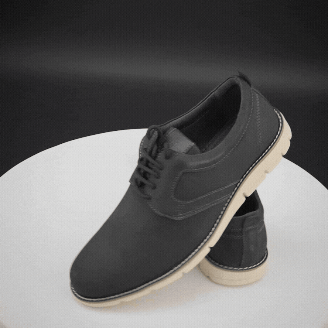 Gray genuine leather shoes with soft lining, cushioned insole, and lightweight EVA sole