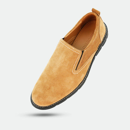 Camel suede cow leather loafers with soft sheep lining, cushioned Texon insole, and lightweight EVA sole