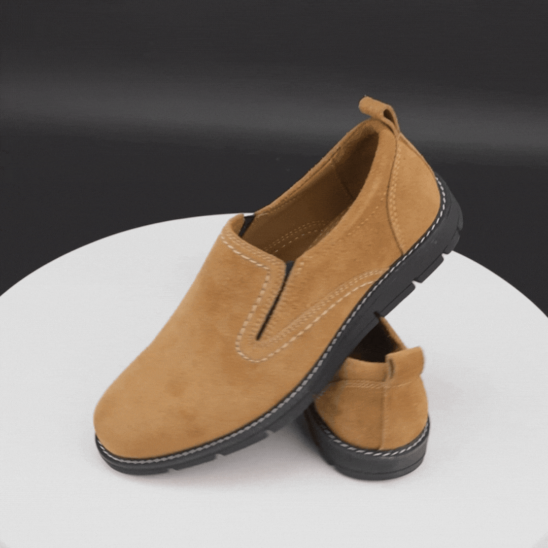 Camel suede cow leather loafers with soft sheep lining, cushioned Texon insole, and lightweight EVA sole