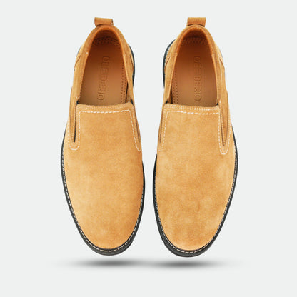 Camel suede cow leather loafers with soft sheep lining, cushioned Texon insole, and lightweight EVA sole