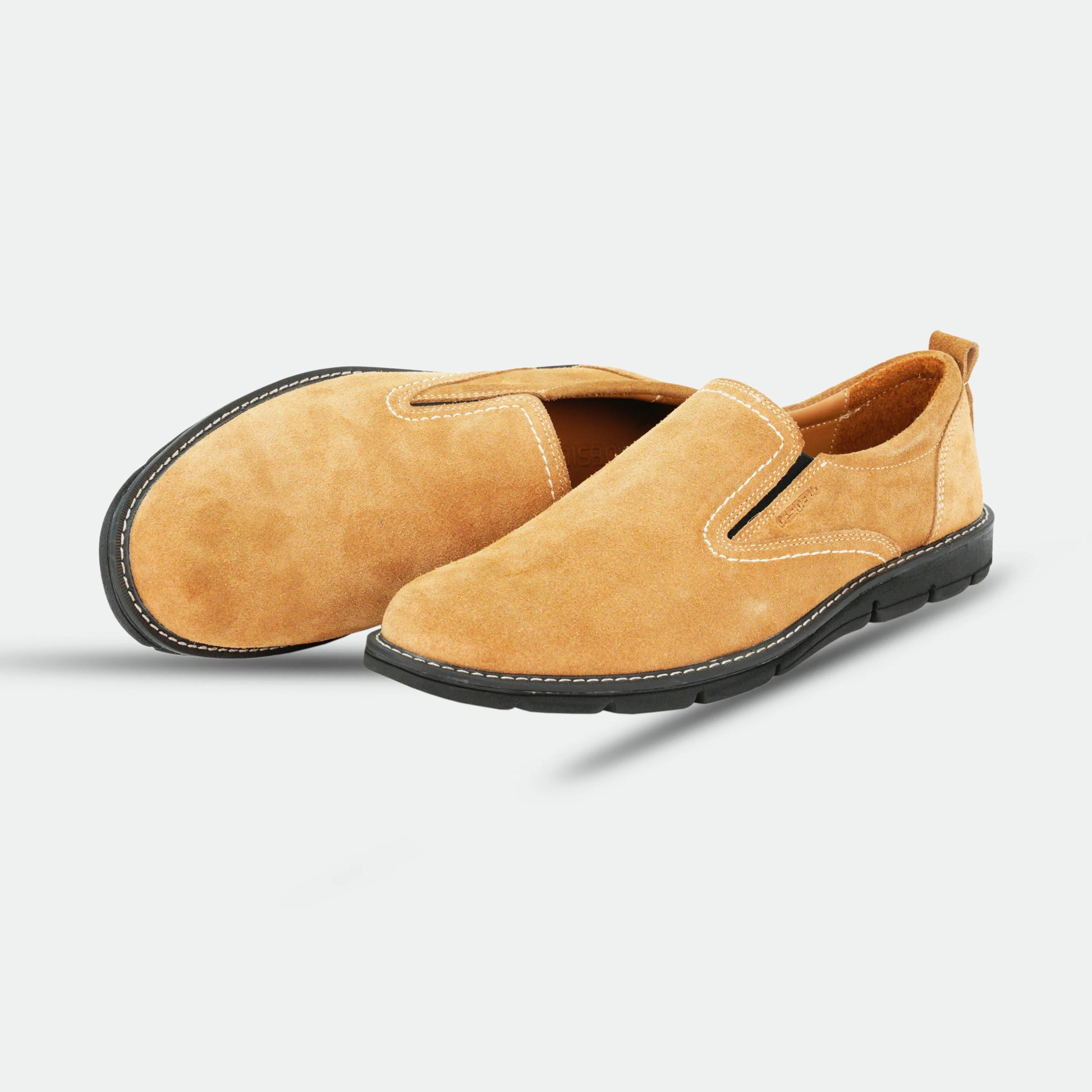 Camel suede cow leather loafers with soft sheep lining, cushioned Texon insole, and lightweight EVA sole