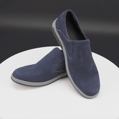 Navy suede cow leather loafers, comfortable durable everyday casual and formal wear shoes