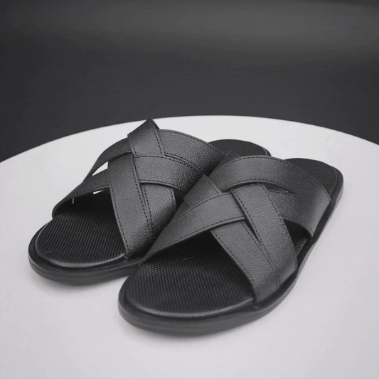 Black cow printed leather shoes with breathable goat leather lining, cushioned EVA insole for comfort, and durable TPR sole for grip and long-lasting wear.